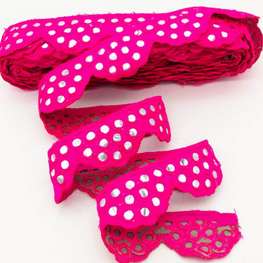 Fuchsia Pink Mirror Trim, Kutch Embroidered Navratri Garba Dress Trim Bridal Lace, Indian Sari Border 40 mm Wide Trim Per Yard